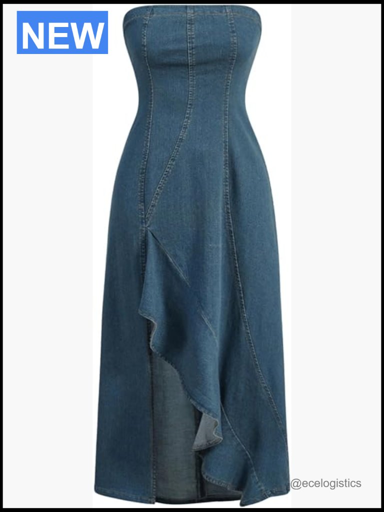 High Split Denim Midi Dress Tube Sleeveless A-Line Ruffle